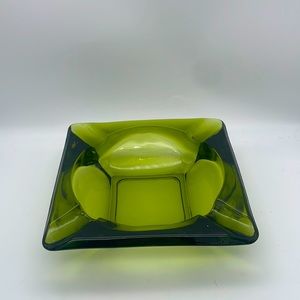 Mcm Glass Ash Tray Trinket Dish Green Vntg Glass Glass 6" x 6" Mid century